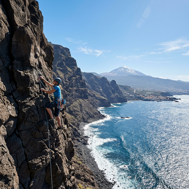 Rock climbing in Tenerife expert climber on a sunny day